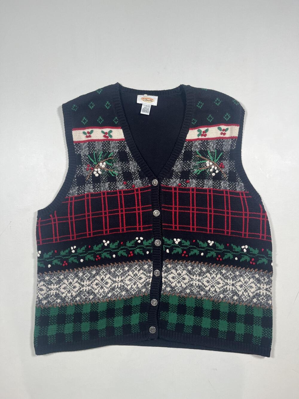 Vintage Talbots Sweater Vest Womens Large Christmas Plaid Holiday Ugly